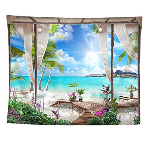 izielad Meer Strand Blauer Himmel Naturlandschaft Blumen Baum Wandteppich Wandbehang Stoff Wanddekoration 73X95CM 28.7X37.4IN von izielad