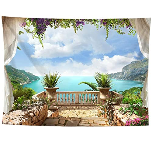 izielad Ozean Wandteppich Wald Baum Tapisserie Balkon des Schlosses Wandtuch Berg Wandbehang Natur Landschaft Tapisserie Dekoration für Schlafzimmer 100X150CM 39.3X59IN von izielad