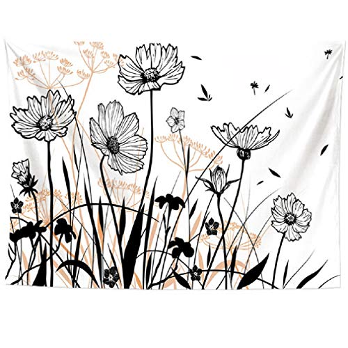 izielad Schwarzweiss Blumen Tapisserie Wildflower Betriebswand-hängender botanischer Natur Tapisserie mit Blumendekor für Schlafzimmer Schlafsaal 180X230CM 70.8X90.5IN von izielad