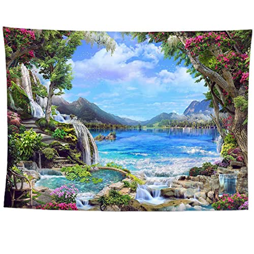 izielad See Wandteppich Wasserfall Baum Blumen Berg Wandteppich Wandteppich Wanddeko für Schlafzimmer Wohnzimmer Dorm 180X230CM 70.8X90.5IN von izielad