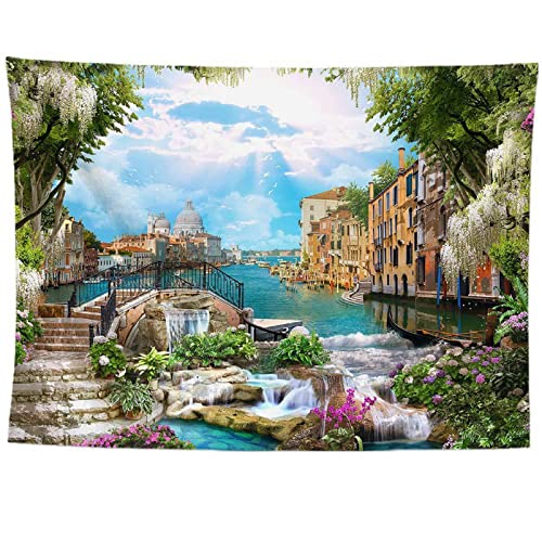 izielad Wandbehang See Berg Gebäude Brücke Wand Wandteppich Psychedelisch Natur Landschaft Tapisserie Wanddeko für Schlafzimmer 180X230CM 70.8X90.5IN von izielad