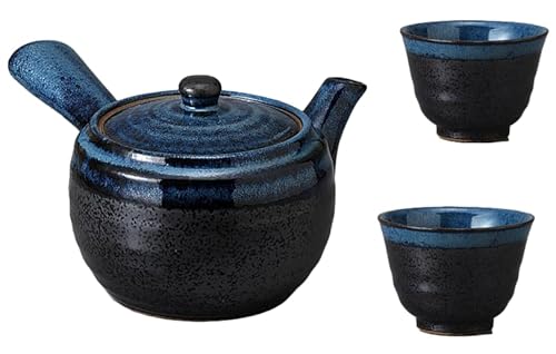 Japanische Mino Ware Keramik Kyusu Teekanne und Yunomi Teetassen Set, 450 ml, schwarz fließendes Kristallblau M61311 (Teekanne und Teetasse) von j-pure hitomi