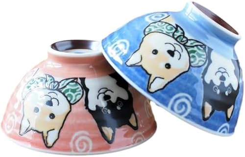 j-pure hitomi Japanisches Reisschalen-Set aus Keramik, Shiba-Hund, Rot und Blau, 12 cm Durchmesser, Mino Ware Chawan, Set mit 2 Schalen aus Japan (Rot und Blau) von j-pure hitomi