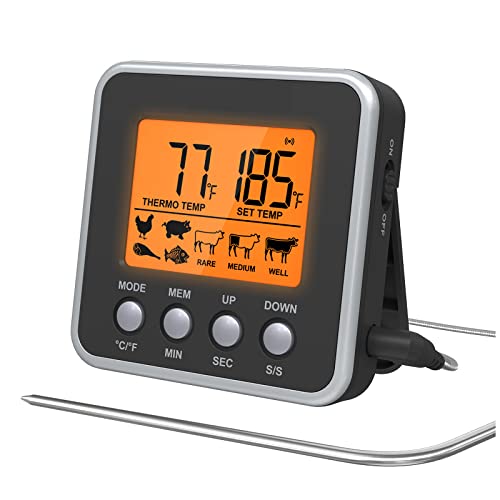 Digitales Bratenthermometer Ofenthermometer Fleischthermometer, Küchen Thermometer Bratenthermometer von 0°C bis +300°C, Temperaturmessgerät für Fleisch mit Alarmfunktion für BBQ, Grill von jackfru