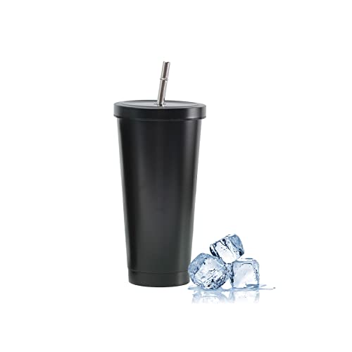 jackfru Edelstahl Becher Mit Strohhalm Und Deckel, Doppelwandiger Edelstahl-Kaffeetasse Isolierbecher, Kaffeebecher Wasserkrug Trinkbecher für Eiskaltes oder Warmes Trinken (Schwarz, 500ml) von jackfru