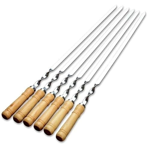 Flache Grillspieße Edelstahl mit Holzgriff, 55cm Fleischgabel Schaschlikspieße, Reusable Metal Kebab Skewers Fleischspieße Grillzubehör für Grillpartys von jackfru