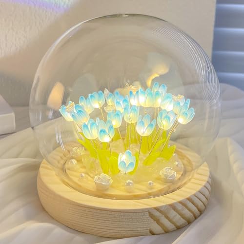 jackfru DIY Tulpe Nachtlicht, DIY Tulpe Nachtlicht, Tulip Lamp mit Glasabdeckung, Atmosphäre Licht Schlafzimmer Schlafen Tischlampe, Tulpe Blume Lampe für Kinder Mädchen Paar (Blau-20pcs) von jackfru