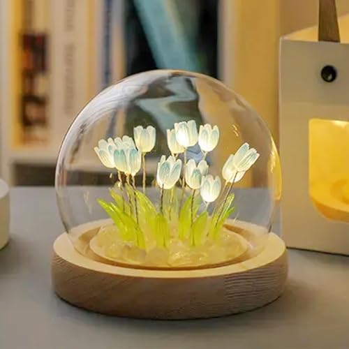 jackfru DIY Tulpe Nachtlicht, DIY Tulpe Nachtlicht, Tulip Lamp mit Glasabdeckung, Atmosphäre Licht Schlafzimmer Schlafen Tischlampe, Tulpe Blume Lampe für Kinder Mädchen Paar (Blau-13pcs) von jackfru