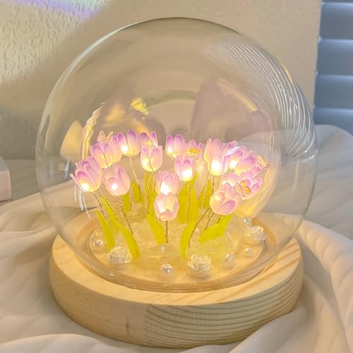 jackfru DIY Tulpe Nachtlicht, DIY Tulpe Nachtlicht, Tulip Lamp mit Glasabdeckung, Atmosphäre Licht Schlafzimmer Schlafen Tischlampe, Tulpe Blume Lampe für Kinder Mädchen Paar (Lila-20pcs) von jackfru