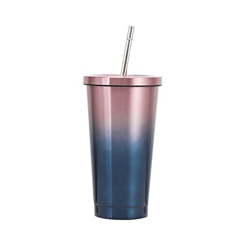 jackfru Edelstahl Becher Mit Strohhalm Und Deckel, Doppelwandiger Edelstahl-Kaffeetasse Isolierbecher, Kaffeebecher Wasserkrug Trinkbecher für Eiskaltes oder Warmes Trinken (Gradientenblau, 500ml) von jackfru