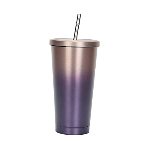 jackfru Edelstahl Becher Mit Strohhalm Und Deckel, Doppelwandiger Edelstahl-Kaffeetasse Isolierbecher, Kaffeebecher Wasserkrug Trinkbecher für Eiskaltes oder Warmes Trinken (Gradientenlila, 500ml) von jackfru