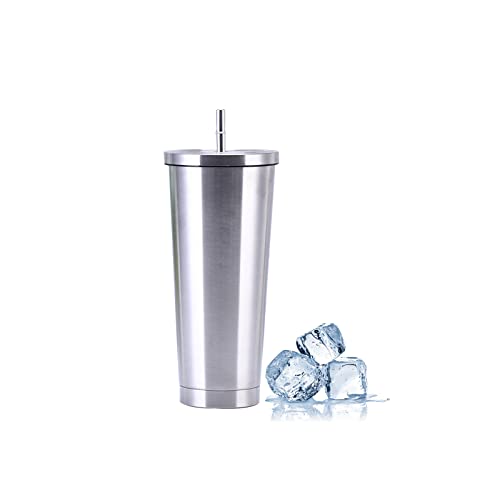 jackfru Edelstahl Becher Mit Strohhalm Und Deckel, Doppelwandiger Edelstahl-Kaffeetasse Isolierbecher, Kaffeebecher Wasserkrug Trinkbecher für Eiskaltes oder Warmes Trinken (Silber, 500ml) von jackfru