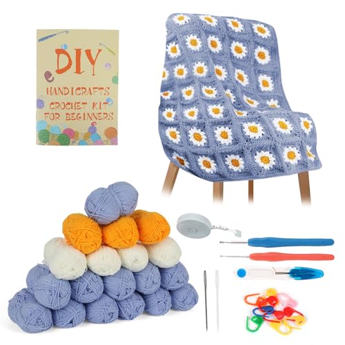 jackfru Häkelsets für Anfänger und Erwachsene, Oma-Häkeldecken-Set mit Anleitung, Häkelnadeln, Garnkugeln für Erwachsene, lernen Sie, wie man Gänseblümchen häkelt (Lila) von jackfru