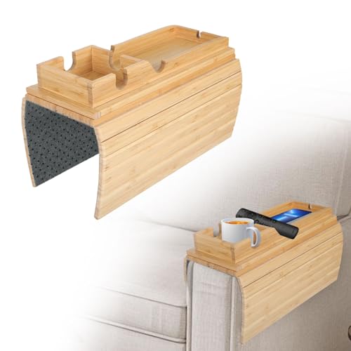 jackfru Sofatablett Sofalehnen Ablage, Sofa Tablett mit, Holz Bambus Couch Tablett Armlehne, rutschfest Couch Armlehnentisch Sofa Getränkehalter Ablage (Originalfarbe - herausnehmbar) von jackfru