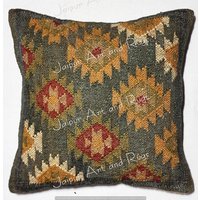 Handgefertigte 45x45 cm Jute-Kissenbezüge, Woll-Jute-Kissenbezug, Boho-Kissenbezug, Vintage-Kissenbezug, Kissenbezug, Sofakissenbezug von jaipurartandrugs