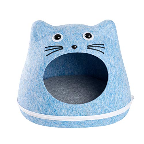 JAMAXX Trendige Katzen-Höhle I Filz Körbchen I Stabil, Standfest, Katzenbett Katzennest Kuschel-Höhle Katzenhaus 43x35x35 Light-Blue Design Tiger von jamaxx-pets