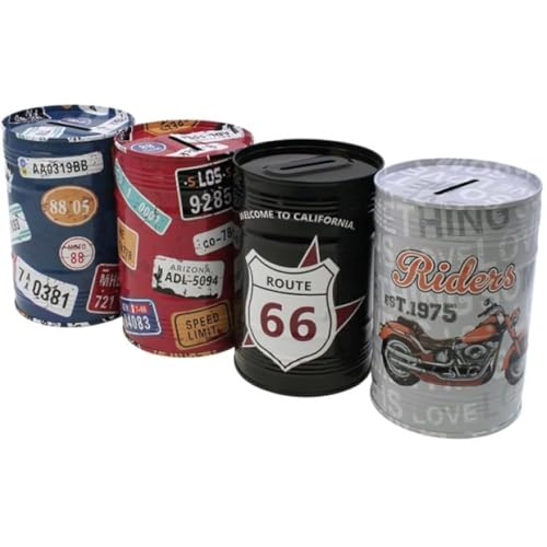 Jameitop® 4er Set Spardose 12 cm – Retro Blechdose im Route 66 Design | Nicht zu öffnen | Motorrad & US-Nummernschild Motive | Perfekt zum Sparen & Dekorieren von jameitop