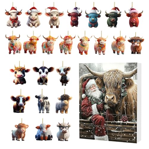 jamgeery Weihnachten Highland Cow Adventskalender 24 Tage, Advent Countdown Kalender 2D Acryl Niedlich Highland Cow Ornamente Set, Ornamente für Fenster Auto Rückspiegel Wand Tür Weihnachtsbaum von jamgeery