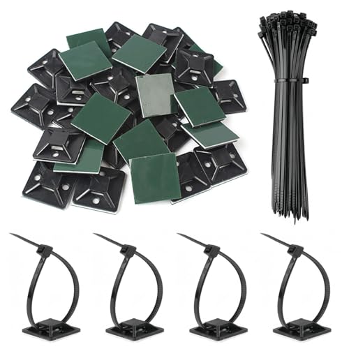 jatimdotin 200 Stück Kabelbinder Schwarz Set, 150mm x 2.5mm Kabelbinder Schwarz mit Kabelhalter Selbstklebend, Kabelbinder Set für Kabelbefestigung, Gartenarbeit, Wohnen von jatimdotin