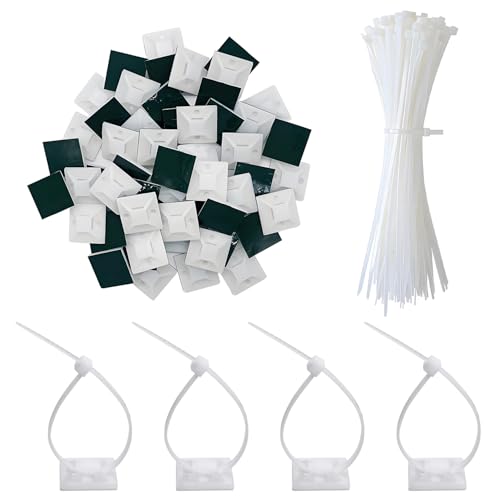 jatimdotin 200 Stück Kabelbinder Schwarz Set, Kabelbinder Schwarz mit 100 Stück Kabelhalter Selbstklebend, Kabelbinder Set für Kabelbefestigung, Gartenarbeit, Wohnen(Weiß) von jatimdotin