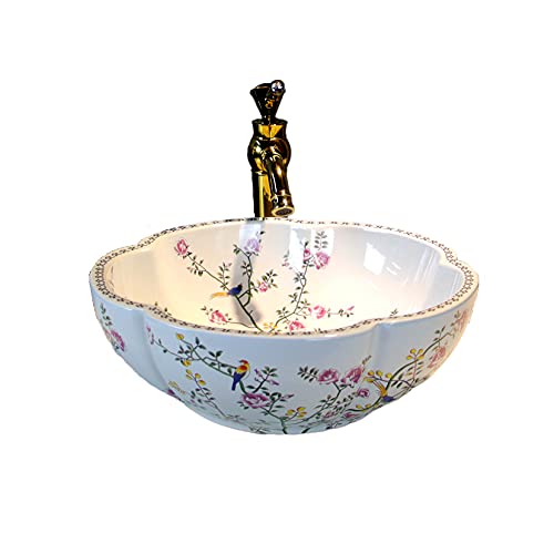 Modern weißes Keramik Aufsatzwaschbecken für Badezimmer mit Blumenform, Blumen- und Vogelmuster Waschschüssel, 1 Waschbecken von jdzjybqx