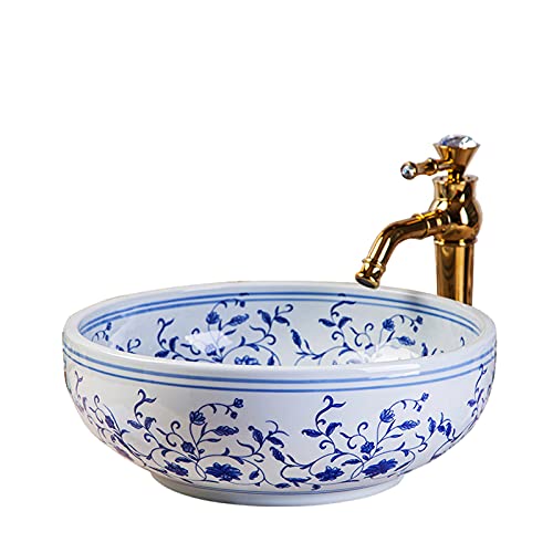 Waschbecken, blau und weiß Farbe Kunst Keramik Arbeitsplatte Waschbecken für Bad und Bauernhaus, Eitelkeit Waschplätze Durchmesser: 41cm von jdzjybqx