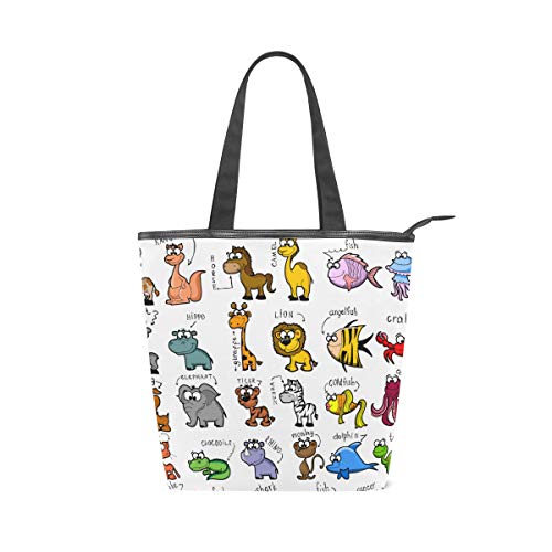 Jeansame Canvas-Handtasche für Damen, Shopper, Tragegriff, Schultertaschen mit Reißverschluss, niedliche Cartoon-Tiere von jeansame