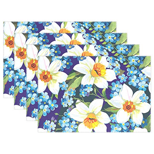 jeansame Platzdeckchen-Set, Vintage-Stil, Blau/Weiß, Blumen, Vergissmeinnicht, Narzissen, 45 x 30 cm, 4 Stück von jeansame