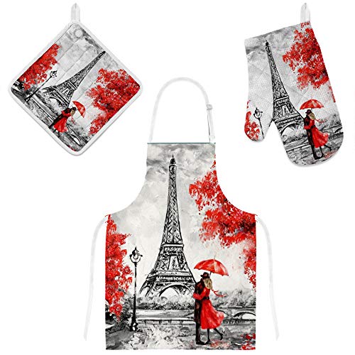 jeansame Schürze und Ofenhandschuh Handschuh Topflappen Set Vintage Paris Eiffelturm Blumen Ölgemälde für Damen Herren Jungen Mädchen von jeansame