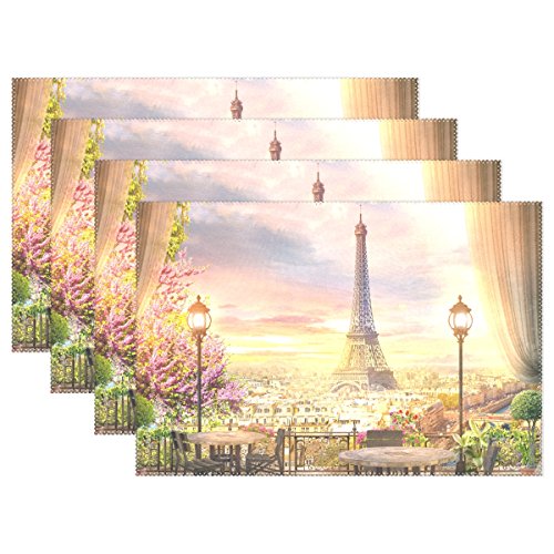 jeansame Tischset Set Platzdeckchen Romantische Blumen Rosen Paris Eiffelturm 30 x 45 cm, Polyester, Mehrfarbig, Set of 4 placemats von jeansame