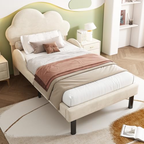 jeerbly Luxuriöses Samt Soft-Polsterbett mit Wolkenkopfteil, geschwungenen Seitenschienen und großem Stauraum, 90 * 200cm, Beige von jeerbly