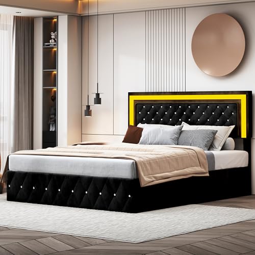 jeerbly Polsterbett, Polsterbett, Stauraumbett, Doppelbett mit LED-Streifen, pneumatisches Stauraumbett mit Zuglaschen, Samt (Schwarz, 140 * 200) von jeerbly