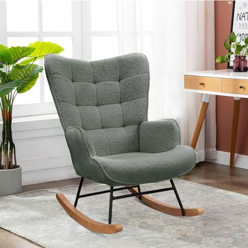 jeerbly Schaukelstuhl Teddy Samt Square Back，Schwingsessel Akzentstuhl Wohnzimmersessel Relaxsessel Schaukelsessel für Schlafzimmer, Relaxsessel Fernsehsessel，Belastbarkeit bis 120 kg (Dunkelgrau) von jeerbly