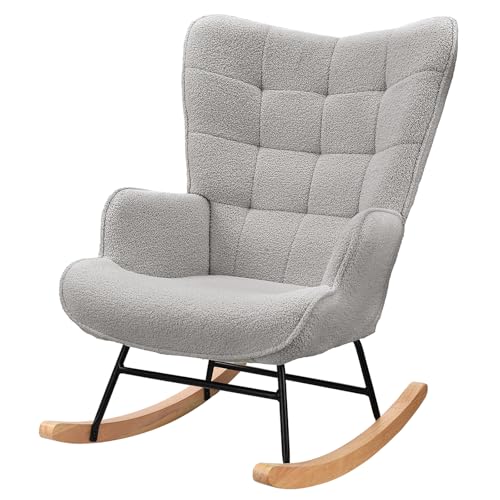 jeerbly Schaukelstuhl mit Hocker, Teddystoff Schwingsessel mit Kopfstütze, Fußstütze und Tasche, Teddy Sessel Relaxstuhl Zum Stillen für Wohnzimmer Schlafzimmer Balkon, Weiß (Stil B- Hellgrau) von jeerbly