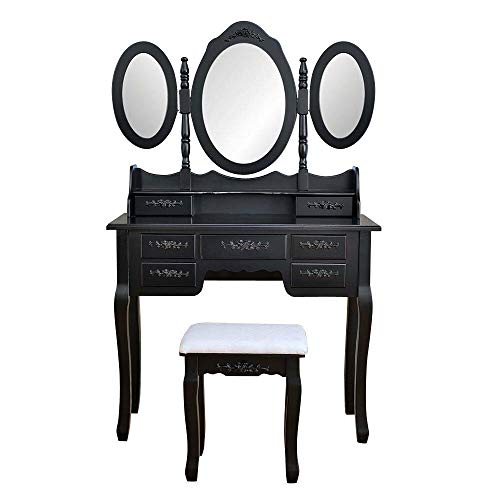 Schminktisch mit 3 Spiegeln, 7 Schubladen, MDF, Schminktisch, Schminktisch, Holz, Schreibtisch-Set mit Hocker, schwarz, 90 x 40 x 147 cm (L x B x H) von jehdfbvssjcbcsvfd