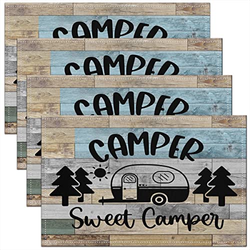 Camper jejeloiu Tischsets Happy Camping Waschbare Tischsets Platzset Wohnmobil Camping Küche Esszimmer Tischsets Camper Zubehör Reiseanhänger Blau Grau Tischsets 45,7 x 30,5 cm von jejeloiu