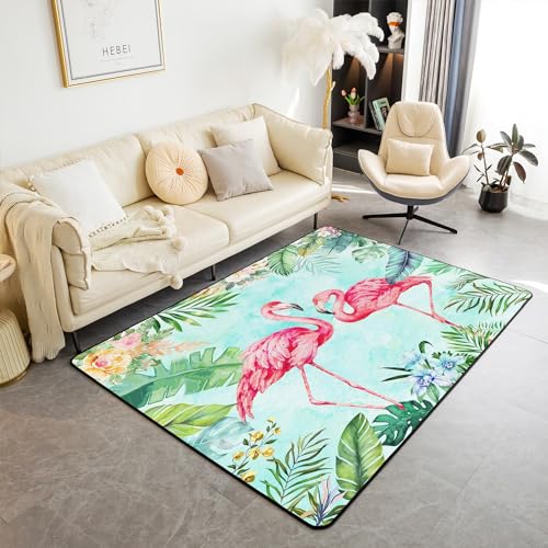 Flamingo-Teppich für Kinder, tropische Blätter, dekorativer Teppich für Jungen, Mädchen, Teenager, botanischer Blumendruck, Wohnzimmerteppich, rutschfeste Bodenmatte, Raumdekoration, Akzentteppich von jejeloiu