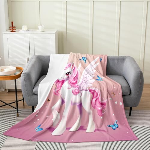 Niedliche Einhorn-Flanelldecke, Überwurf, 127 x 152,4 cm, Kinder, Cartoon-Einhorn, Plüschdecke für Jungen, Mädchen, Teenager, Schmetterling, Rosa, Galaxie, flauschige Decke, weich, magisches Tier, von jejeloiu