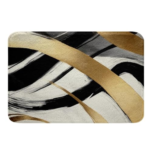 jejeloiu Badezimmerteppich, 50,8 x 81,3 cm, abstrakte Linie, Badematten, modernes geometrisches Badezimmer-Zubehör, Mikrofaser, Schwarz / Weiß / Gold jejeloiu Badezimmerteppich, 50,8 x 81,3 cm, abstrakte Linie, Badematten, modernes geometrisches Badezimmer-Zubehör, Mikrofaser, Schwarz / Weiß / Gold von jejeloiu