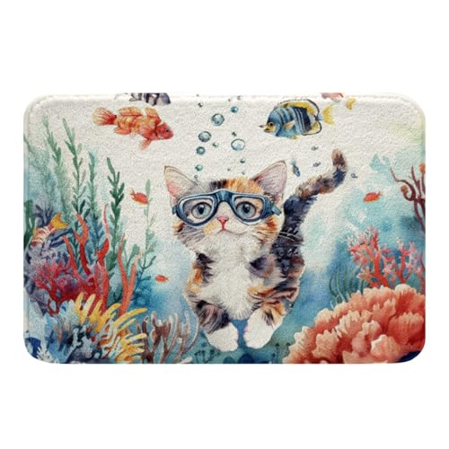 jejeloiu Badezimmerteppich mit Ozean-Motiv, 50,8 x 81,3 cm, Katzen-Badematten für Jungen, Mädchen, Teenager, Meeresorganismus, Badezimmer-Zubehör, Hellblau von jejeloiu