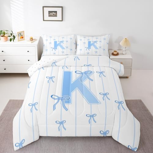 jejeloiu Bettwäsche-Set für Mädchen, mit Schleife, Doppelbett, niedliches Schleifen-Design, Buchstabe K, Steppdecke für Kinder, Jungen, Mädchen, Schlafzimmer, Monogrammierung, kokette, Schleifen jejeloiu Bettwäsche-Set für Mädchen, mit Schleife, Doppelbett, niedliches Schleifen-Design, Buchstabe K, Steppdecke für Kinder, Jungen, Mädchen, Schlafzimmer, Monogrammierung, kokette, Schleifen von jejeloiu