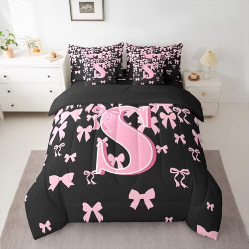 jejeloiu Bettwäsche-Set für Mädchen, niedliches Schleifen-Design, 7-teilig, Doppelgröße, Initialenbuchstabe S, Bettwäsche-Set für Kinder, Jungen, Mädchen, Schwarz / Rosa, Kokette mit Schleife, Bett in jejeloiu Bettwäsche-Set für Mädchen, niedliches Schleifen-Design, 7-teilig, Doppelgröße, Initialenbuchstabe S, Bettwäsche-Set für Kinder, Jungen, Mädchen, Schwarz / Rosa, Kokette mit Schleife, Bett in von jejeloiu