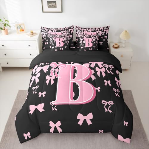 jejeloiu Bettwäsche-Set für Mädchen, niedliches Schleifen-Design, 7-teilig, mit Initialenbuchstabe B, für Kinder, Jungen, Mädchen, Schwarz / Rosa, Kokette mit Schleife, Bett, in einer Tasche mit jejeloiu Bettwäsche-Set für Mädchen, niedliches Schleifen-Design, 7-teilig, mit Initialenbuchstabe B, für Kinder, Jungen, Mädchen, Schwarz / Rosa, Kokette mit Schleife, Bett, in einer Tasche mit von jejeloiu