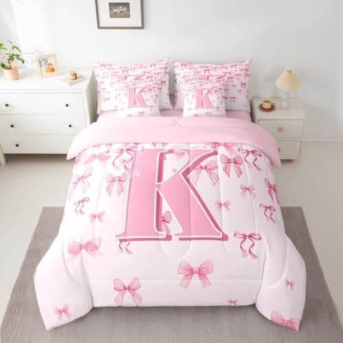 jejeloiu Bettwäsche-Set für Mädchen, rosa Schleife, 7-teilig, Doppelbett, niedliche Schleife, Bett in einer Tasche, Kinder-Bettwäsche-Set, Jungen, Mädchen, Buchstabe K, Monogrammierung jejeloiu Bettwäsche-Set für Mädchen, rosa Schleife, 7-teilig, Doppelbett, niedliche Schleife, Bett in einer Tasche, Kinder-Bettwäsche-Set, Jungen, Mädchen, Buchstabe K, Monogrammierung von jejeloiu