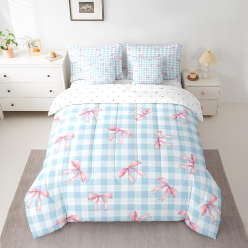 jejeloiu Bettwäsche-Set mit Schleife, 7-teilig, volle Größe, blau-rosa, Bettwäsche-Set für Kinder, Jungen, Mädchen, rosa Schleife, Bett in einer Tasche, bunte Schleife, Raumdekoration, Mikrofaser jejeloiu Bettwäsche-Set mit Schleife, 7-teilig, volle Größe, blau-rosa, Bettwäsche-Set für Kinder, Jungen, Mädchen, rosa Schleife, Bett in einer Tasche, bunte Schleife, Raumdekoration, Mikrofaser von jejeloiu