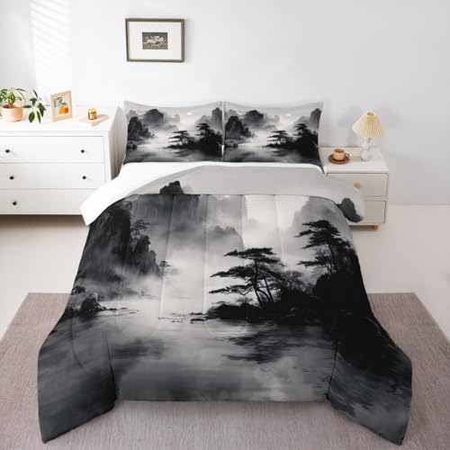 jejeloiu Bettwäsche-Set mit chinesischer Tuschemalerei, weich, für Jungen und Mädchen, japanischer Stil, Queen-Size-Größe, Blätter, Naturlandschaft, Steppdecke, Mikrofaser, Bergschlafzimmer-Dekor, 3 jejeloiu Bettwäsche-Set mit chinesischer Tuschemalerei, weich, für Jungen und Mädchen, japanischer Stil, Queen-Size-Größe, Blätter, Naturlandschaft, Steppdecke, Mikrofaser, Bergschlafzimmer-Dekor, 3 von jejeloiu