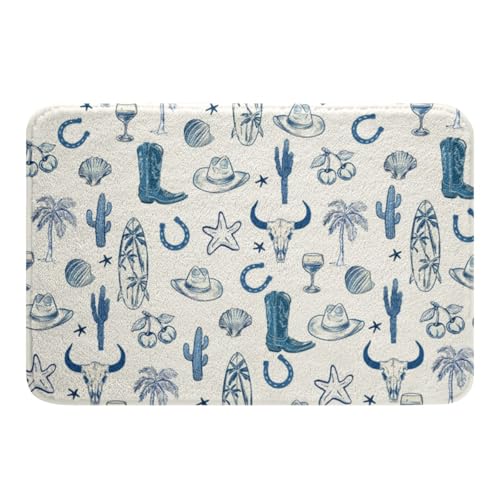 jejeloiu Cowboy-Badezimmerteppich, 40,6 x 61 cm, für Kinder, Westernblau, Badematte, Hut, Stiefel, Hufeisen, Muschel, Badezimmerzubehör, Boden-Fußmatten jejeloiu Cowboy-Badezimmerteppich, 40,6 x 61 cm, für Kinder, Westernblau, Badematte, Hut, Stiefel, Hufeisen, Muschel, Badezimmerzubehör, Boden-Fußmatten von jejeloiu