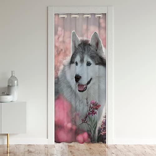 jejeloiu Dackel Türvorhang für Tür, Privatsphäre, Siberian Husky, 30 % - 50 % Raumverdunkelung, isoliert, Thermovorhang, niedliches Welpe, Hund, Haustier, grau-rosa, Raumteiler, Vorhangabdeckung, 86,4 von jejeloiu