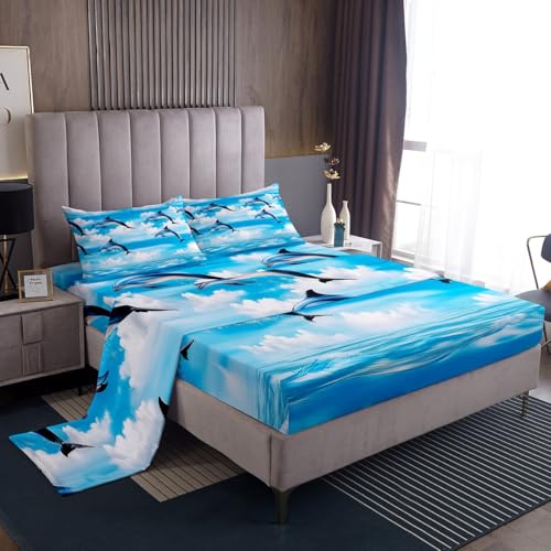 jejeloiu Delfin-Bettwäsche-Set, Queen-Size-Größe, niedliches Ozean-Tier-Spannbetttuch, springende Delfine, Bettwäsche-Set, weiches Bettwäsche-Set, 4-teilig mit 2 Kissenbezügen jejeloiu Delfin-Bettwäsche-Set, Queen-Size-Größe, niedliches Ozean-Tier-Spannbetttuch, springende Delfine, Bettwäsche-Set, weiches Bettwäsche-Set, 4-teilig mit 2 Kissenbezügen von jejeloiu