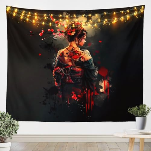 jejeloiu Japanischer Geisha-Wandteppich, klein, 129,5 x 149,9 cm, rote Kirschblüten, Wandbehang für Jungen, Mädchen, Teenager, japanische Ukiyoe-Wanddecke, Hokusai-Wandkunst, Raumdekoration jejeloiu Japanischer Geisha-Wandteppich, klein, 129,5 x 149,9 cm, rote Kirschblüten, Wandbehang für Jungen, Mädchen, Teenager, japanische Ukiyoe-Wanddecke, Hokusai-Wandkunst, Raumdekoration von jejeloiu